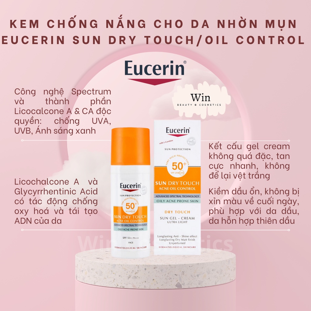 Kem chống nắng Eucerin Oil Control cho da dầu mụn, Kem chống nắng phổ rộng kiểm soát dầu Eucerin Sun Gel-Cream Dry Touch