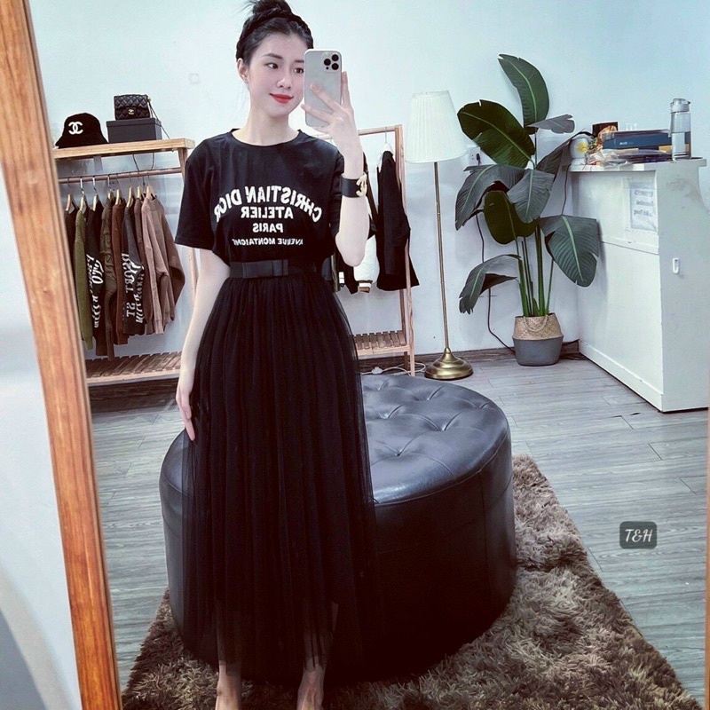 CHÂN VÁY REN DÁNG MIDI DÀI CẠP CHUN NƠ BỒNG BỀNH QUẢNG CHÂU MS18991