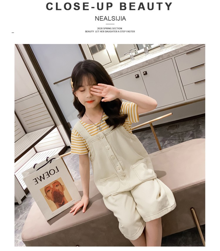 Set áo sơ mi tay lỡ kẻ sọc màu vàng phong cách Hàn quốc cho bé gái