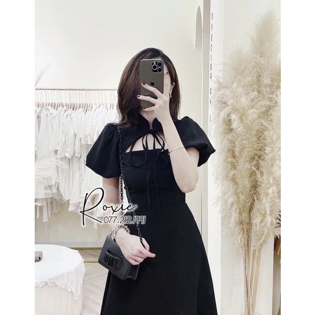 V11-dài váy 90cm đầm tiểu thư tay bồng thắt nơ ngực 3 màu đen,trắng,đỏ(hàng có sẵn-kèm video quay thật)