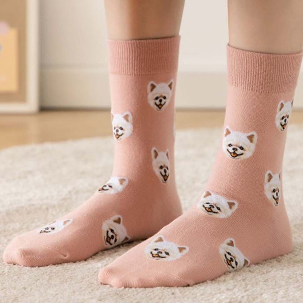 Vớ cotton cổ trung in hình chú chó hoạt hình phong cách Hàn Quốc cổ điển thoáng khí