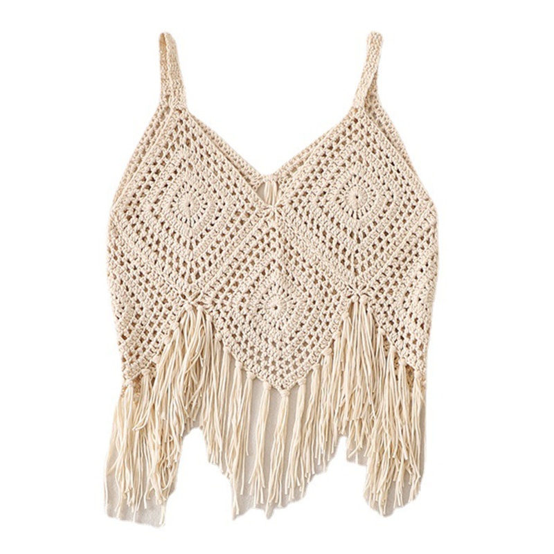 Áo Croptop Hai Dây Cổ Chữ V Hở Lưng Họa Tiết Kim Cương Phối Tua Rua Phong Cách Boho Quyến Rũ Dành Cho Nữ