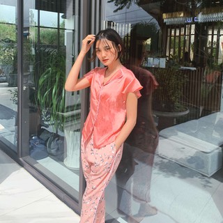 [Utan]Bộ mặc nhà pijama lụa cổ bẻ áo cánh tiên cam quần lửng bông (nhiều màu)