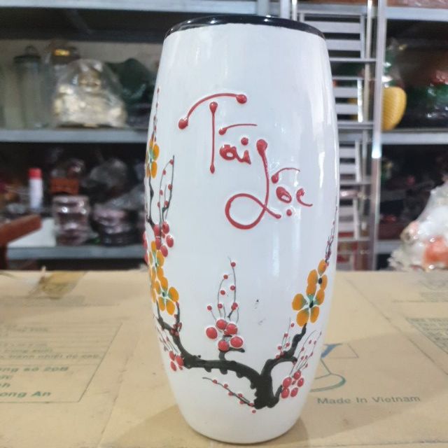 Bình bông sứ Bát Tràng Việt Nam màu trắng cao 23.5cm