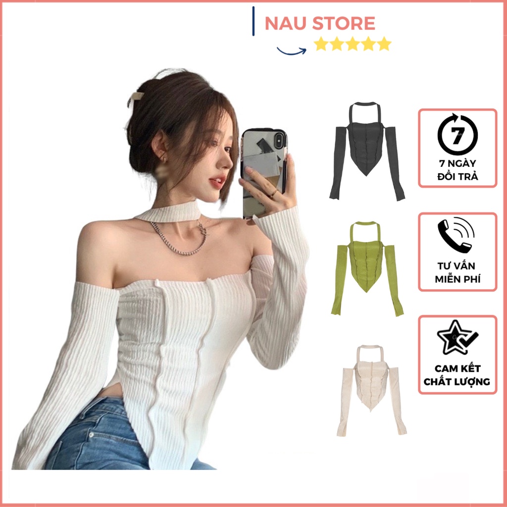 ⚡️𝙎𝙄𝙀̂𝙐 𝙎𝘼𝙇𝙀⚡️ Áo Trễ Vai Dài Tay Ôm Body Thun Gân, Phối Đắp Tà Hack Eo ( HÌNH CHỤP THẬT)