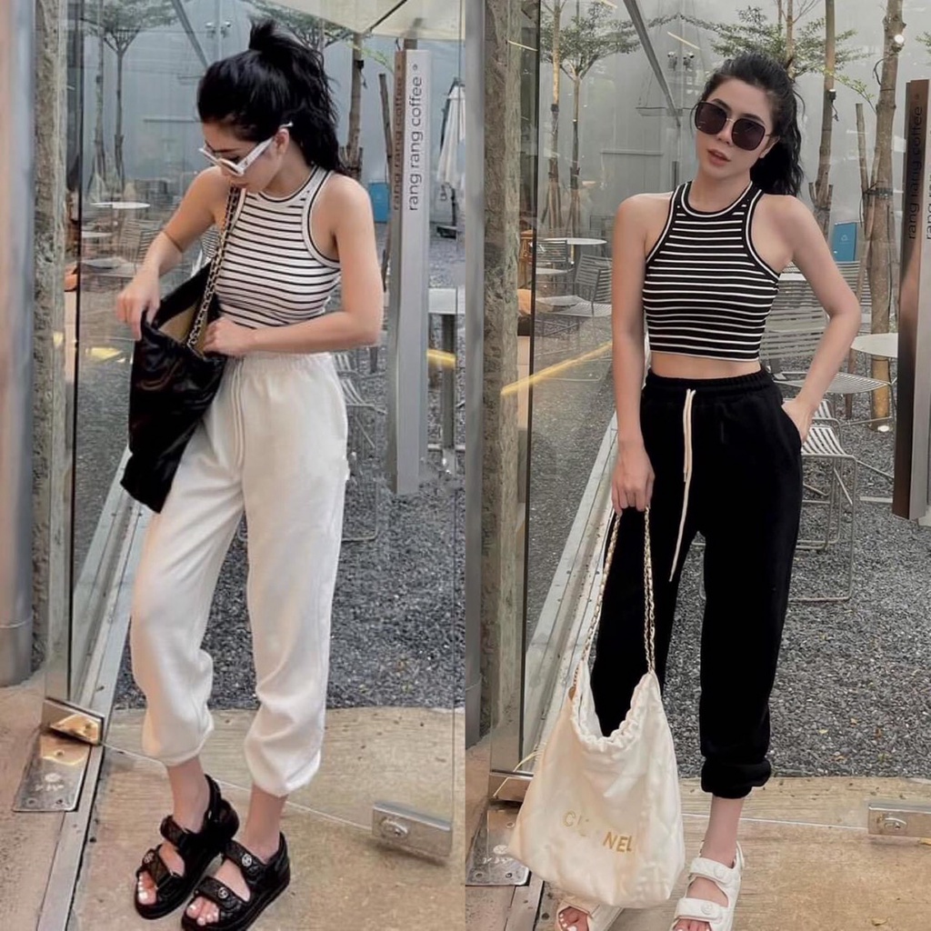 Áo ba lỗ sọc khoét vai. Áo sát nách nữ dáng croptop năng động chất thun gân co giãn