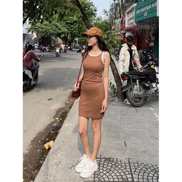 [Ảnh thật/Video] Đầm ôm body phối viền trắng Hàn Quốc tôn dáng