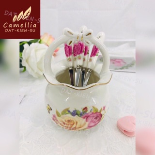Lẵng sứ, giỏ sứ cắm thìa dĩa tròn quai nơ