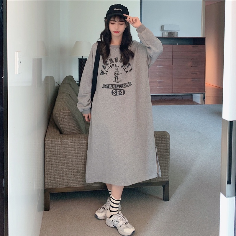 Đầm tay dài cổ tròn dáng rộng in họa tiết phong cách retro đáng yêu sành điệu