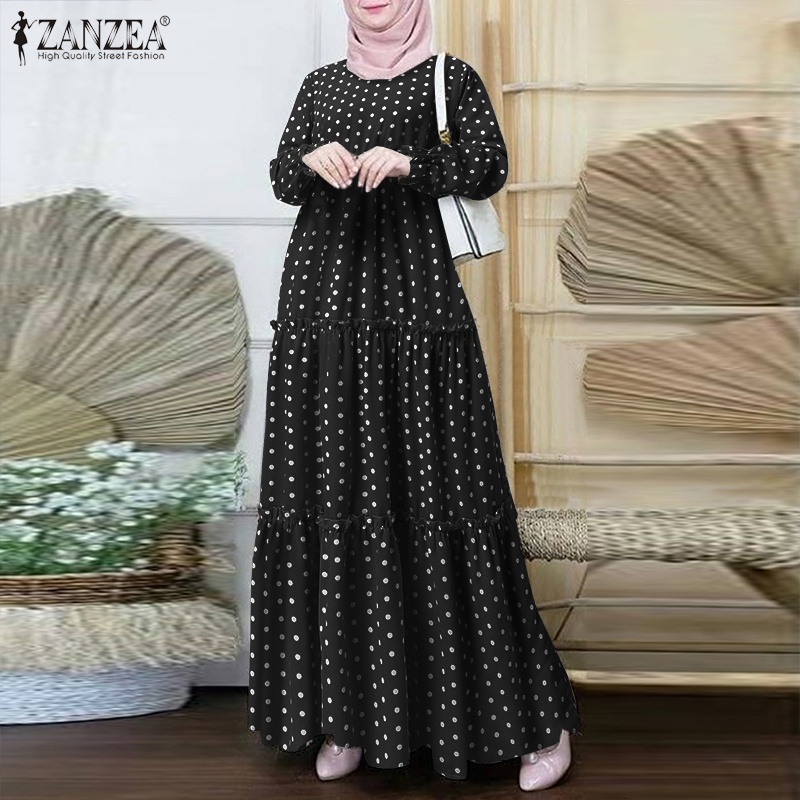 Đầm maxi ZANZEA tay dài ống loe họa tiết chấm bi thời trang dành cho bạn nữ