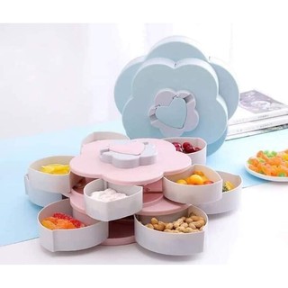 Khay Đựng Mứt Tết 2 Tầng, Khay Đựng Bánh Kẹo Hoa Quả 10 Cánh Xoay Có Khe Để Điện Thoại