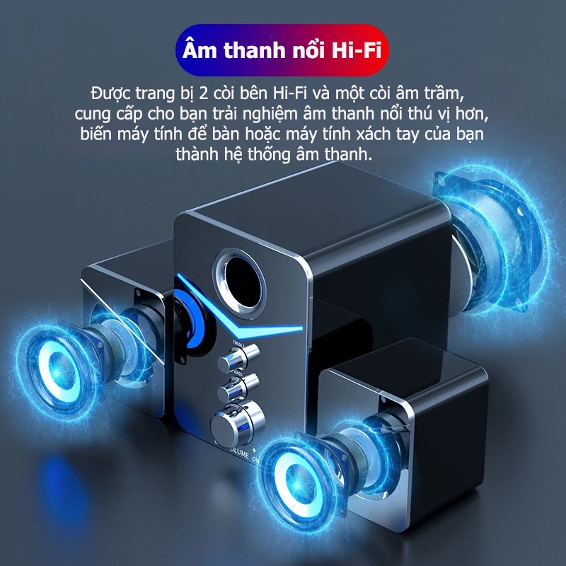 Loa máy tính để bàn D221 AUX & Bluetooth loa vi tính với 3 lớn kèn , âm thanh nổi siêu BASS và 9D, với đèn LED cực ngầu