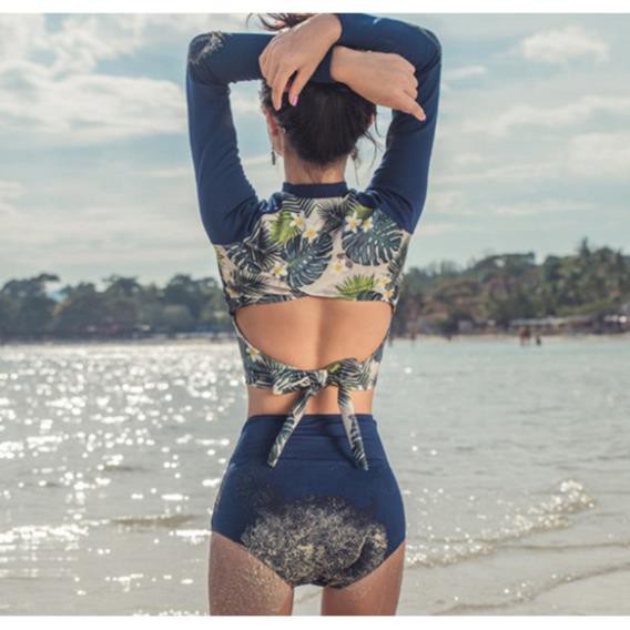Bikini dài tay 2 mảnh 🍓QUEEN SHOP🍓 Đồ bơi nữ kín đáo Quảng Châu họa tiết lá BIK52 ་