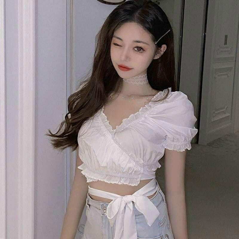 Áo Croptop cổ vuông cột nơ eo điệu đà - Áo kiểu nữ Croptop | BigBuy360 - bigbuy360.vn