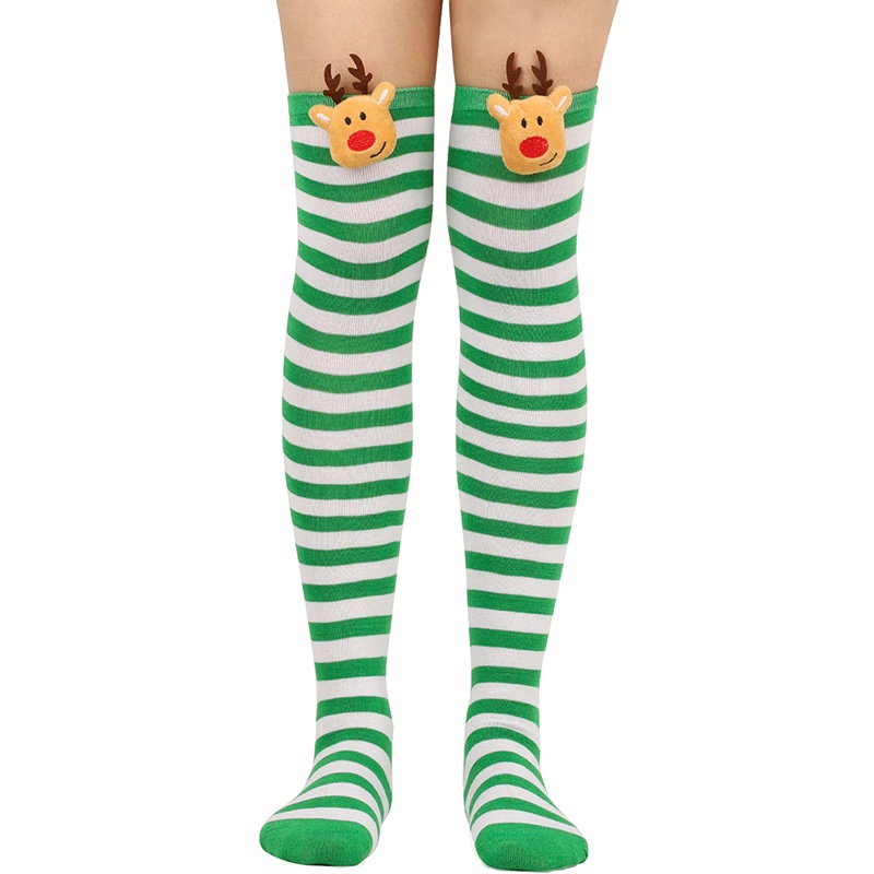 Vớ Dài Qua Gối Họa Tiết Kẻ Sọc In Hình Tuần Lộc Giáng Sinh Dễ Thương Cỡ Lớn Cho Nữ