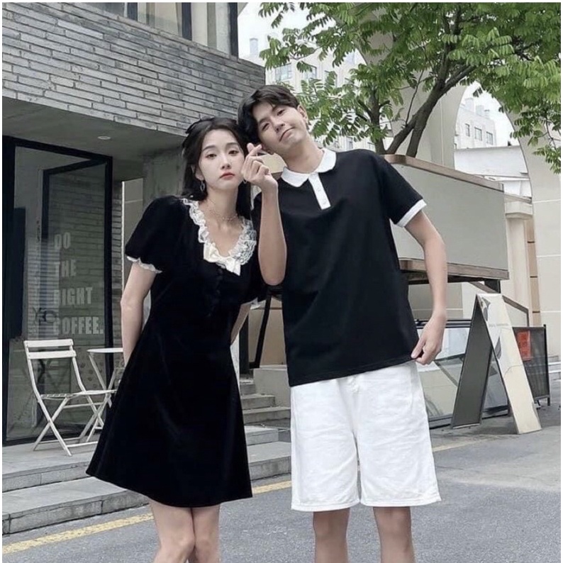 Set áo váy đôi nam nữ chất liệu thun cotton da cá, màu đen viền cổ trắng