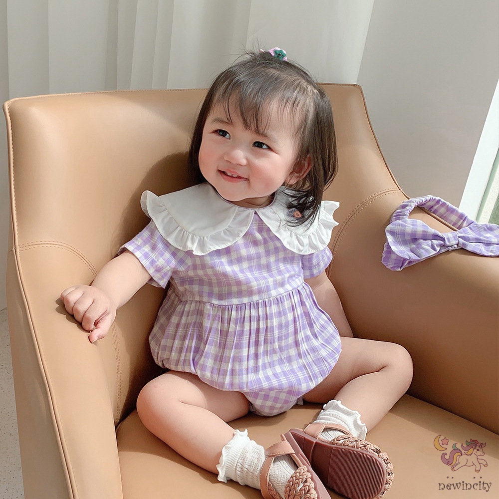 Bộ Áo Liền Quần Tay Ngắn Cổ Búp Bê Kèm Băng Đô Dễ Thương Cho Bé Gái