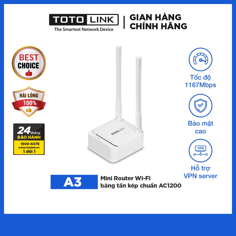 TOTOLINK  A3 Mini Router Wi-Fi băng tần kép chuẩn AC 1200Mbps Cục phát wifi Hãng phân phối chính thức