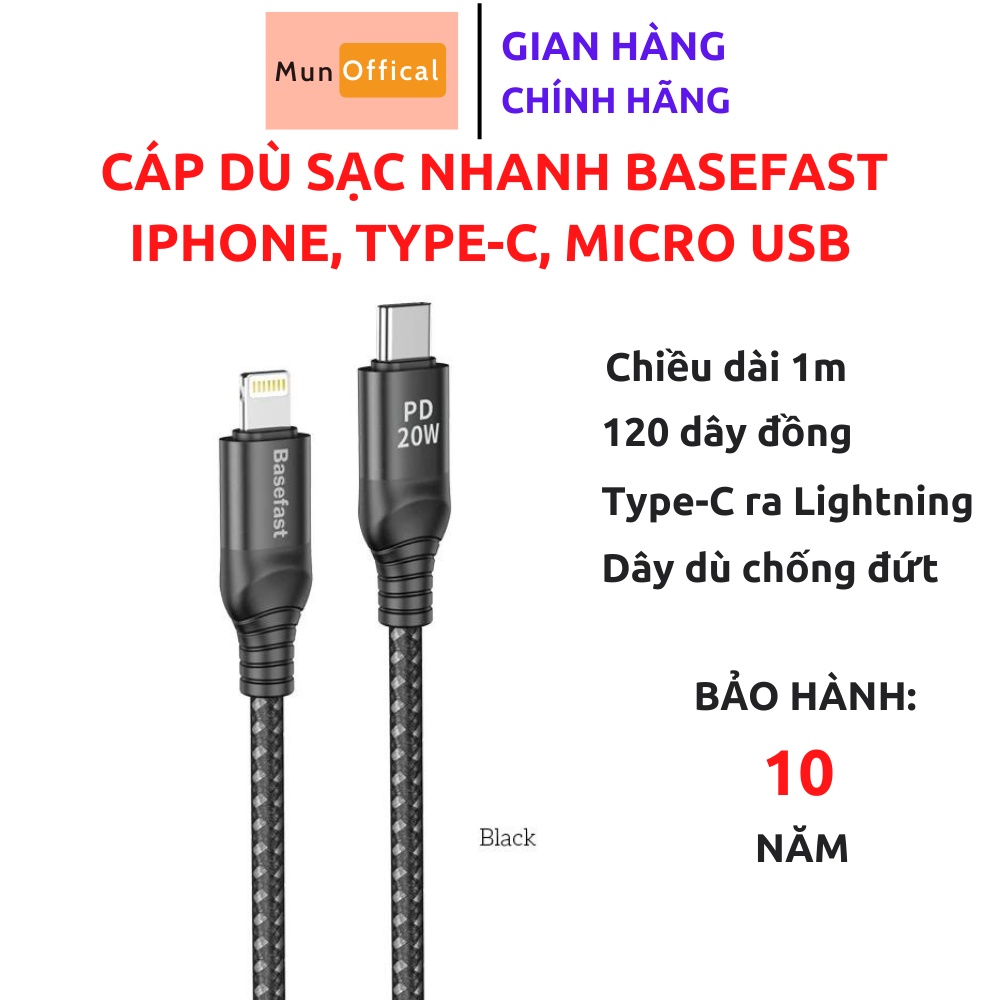 Cáp sạc dù Basefast CS6 PD Type-C to Lightnig Bảo Hành 10 Năm