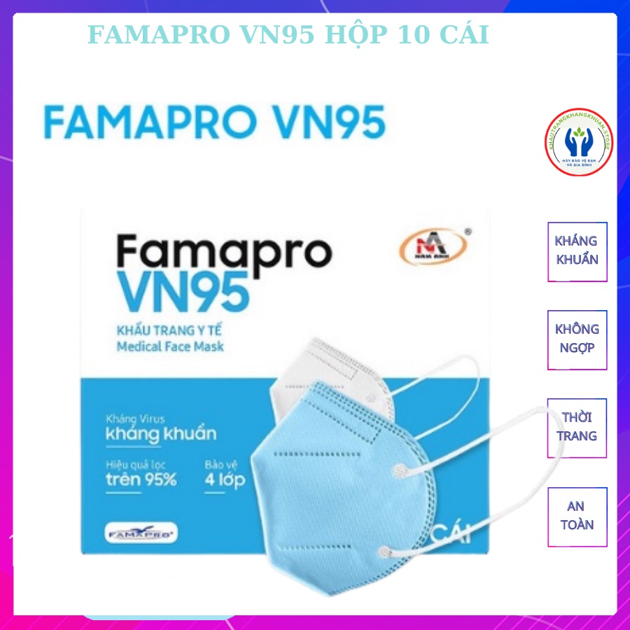 Khẩu trang FAMAPRO, khẩu trang VN95 [HÀNG XỊN], khẩu trang trắng, đen, xám, xanh -Tiêu Chuẩn Châu Âu, 4 Lớp (10 Cái/hộp)