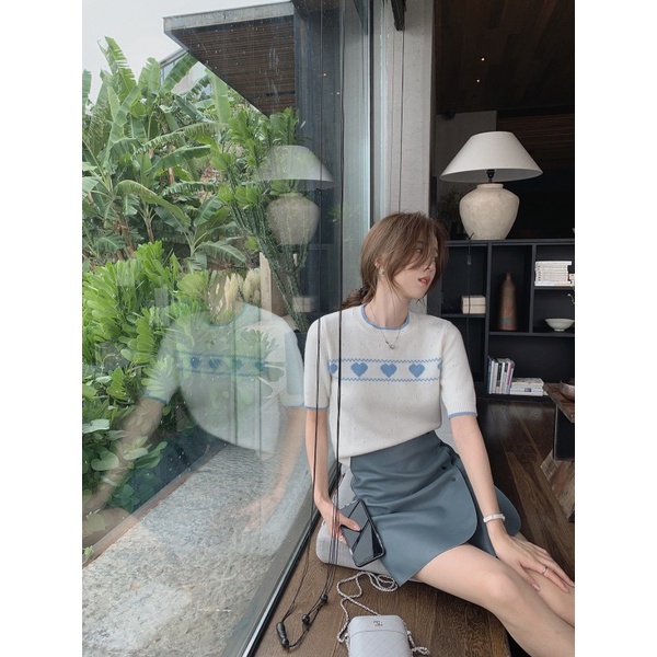 Áo dệt kim NZN ngắn tay cổ tròn hình trái tim thời trang Hàn Quốc 3 màu cho nữ