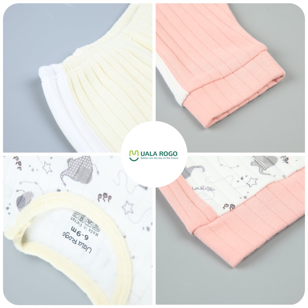 Bộ Uala Rogo Cotton dài tay cài vai voi nhí quần trơn gân cao cấp thấm hút tốt cho bé trai bé gái 3902