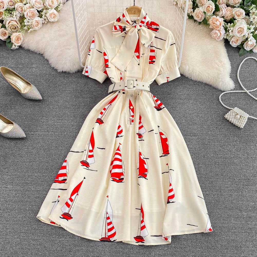 Đầm tay ngắn cao cấp phong cách retro thắt nơ cổ họa tiết đủ size