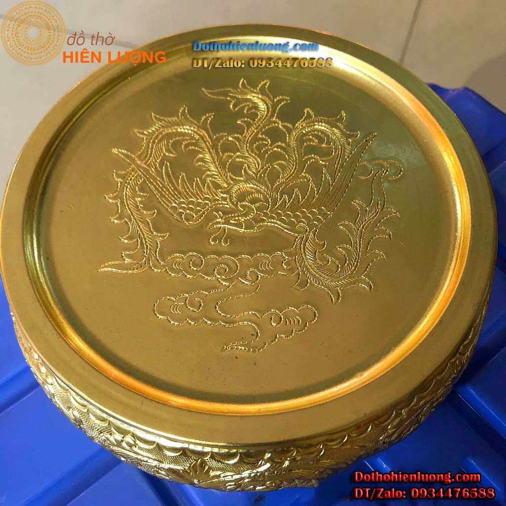 Cơi Đựng Trầu Cau Bằng Đồng Thau Màu Vàng Hoa Văn Rồng Phượng Đẹp Tinh Xảo