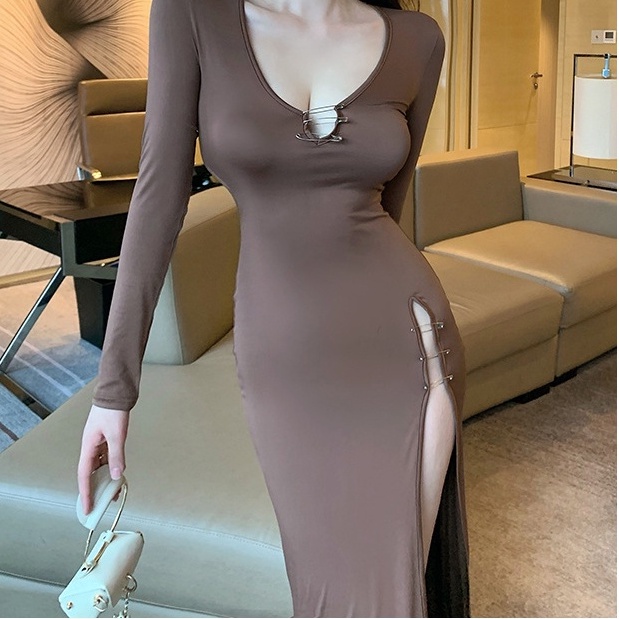  Đầm nữ tay dài dáng dài xẻ tà cao cổ xẻ sâu quyến rũ phong cách Âu Mỹ | BigBuy360 - bigbuy360.vn