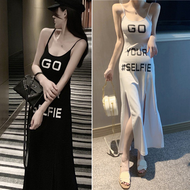 Đầm thun in chữ dáng xẻ tà quyến rũ cho nữ