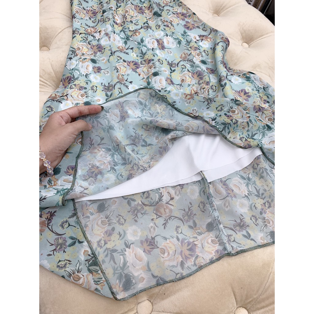 Đầm Xanh Hoa Lụa Trễ Vai | BigBuy360 - bigbuy360.vn