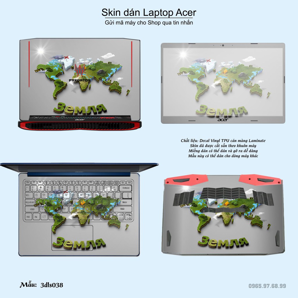 Skin dán Laptop Acer in hình 3D Green (inbox mã máy cho Shop)