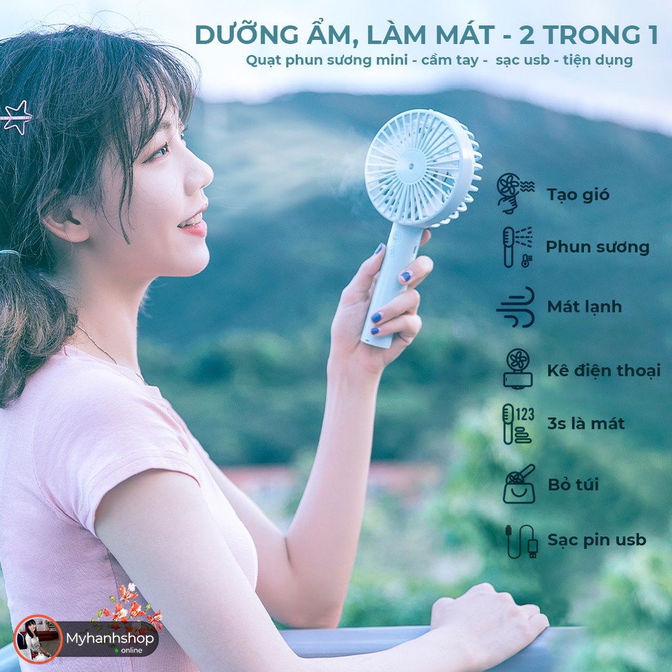 [Mã ELFLASH5 giảm 20K đơn 50K] quạt mini phun sương cầm tay pin 1800mA sạc usb chân đế để điện thoại - nhỏ gọn tiện dụng