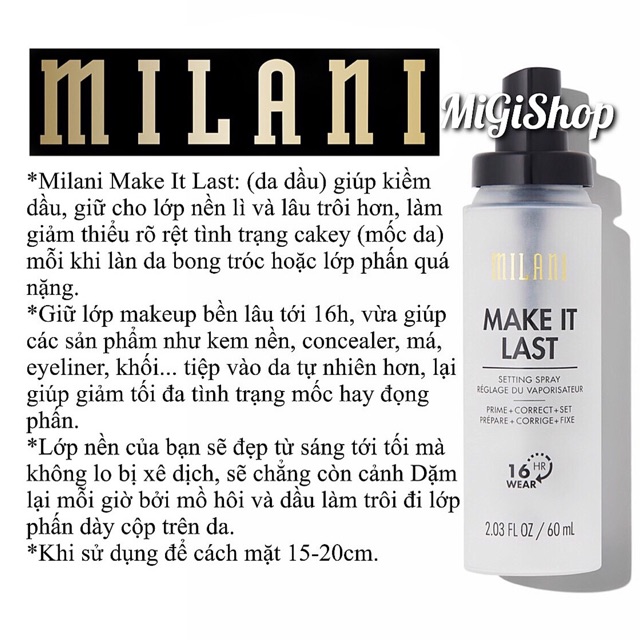 [Hàng Mỹ] Xịt Khoá Nền Giữ Lớp MakeUp Milani Make It Last/ Dewy