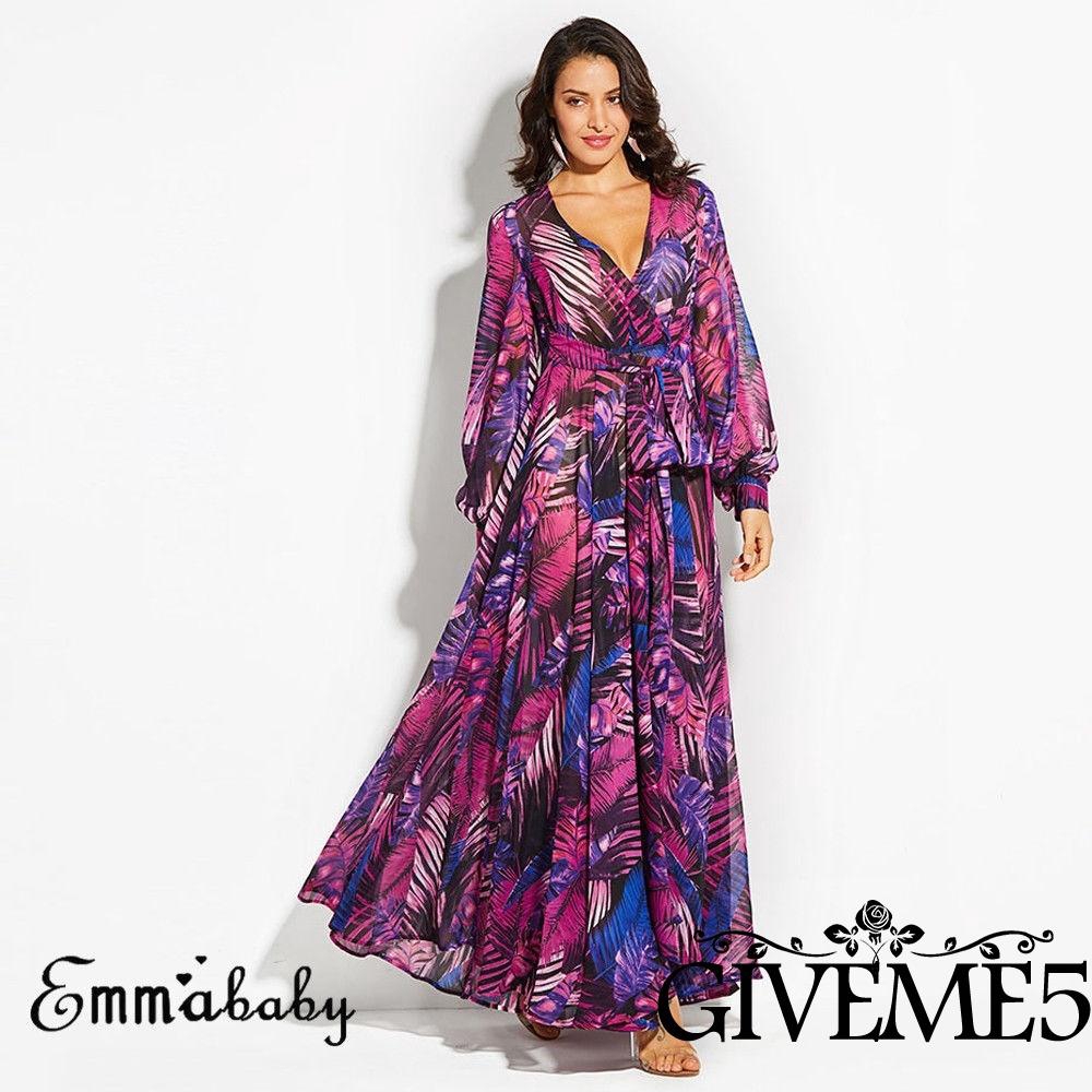 Đầm dáng rộng tay dài cổ chữ V in hoa thời trang dành cho nữ