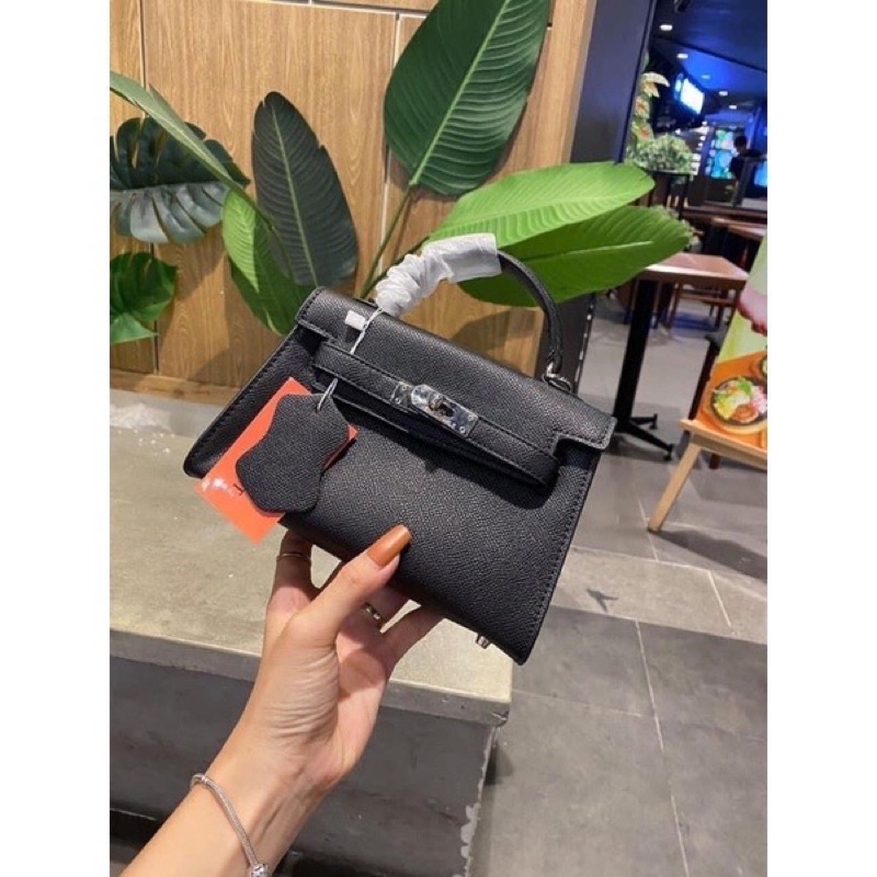 Túi Xách kelly khóa cài dáng lùn size 19 hàng qc loại 1, dập logo khoá, hàng tag bạc siêu nét