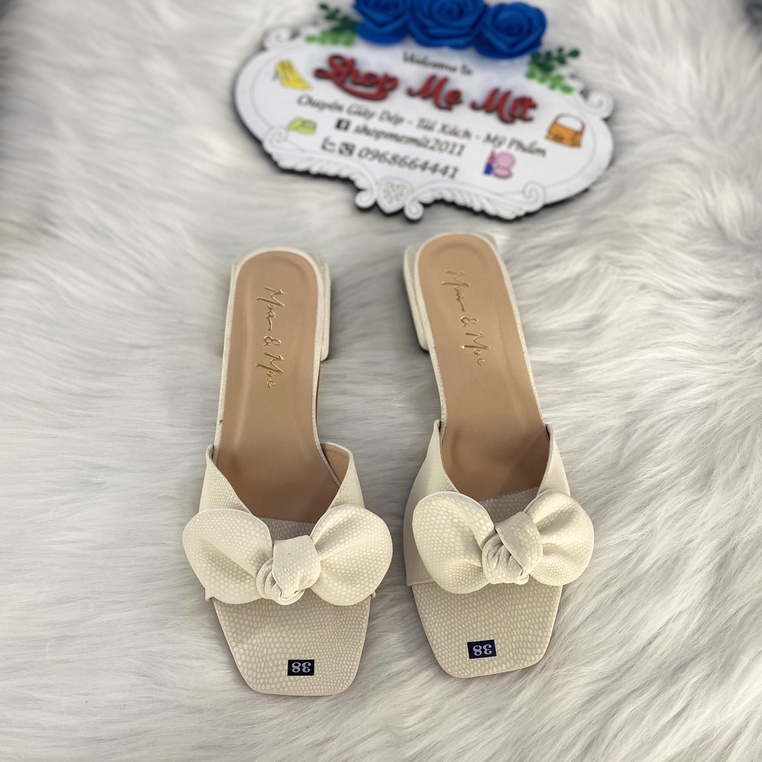 Dép nữ 3p có nơ da xịn lót êm, Dép nữ Moa&Moe có nơ buộc 3cm cực xinh đi làm đi chơi, rất dễ phối đồ