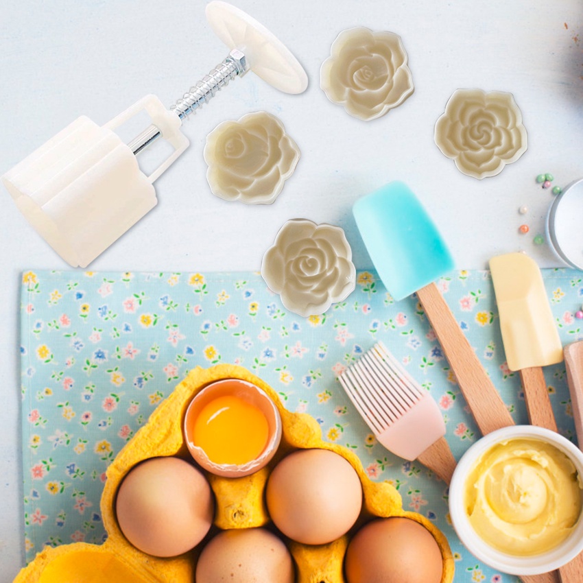 Bộ 4 Khuôn Làm Bánh Trung Thu Dạng Nhấn Hình Hoa Hồng DIY 50G