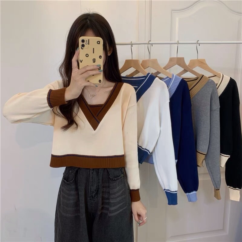 Áo len nữ dài tay áo croptop thu đông cho Nữ cổ chữ v thiết kế kiểu áo thuỷ thủ mang phong cách Nhật Bản