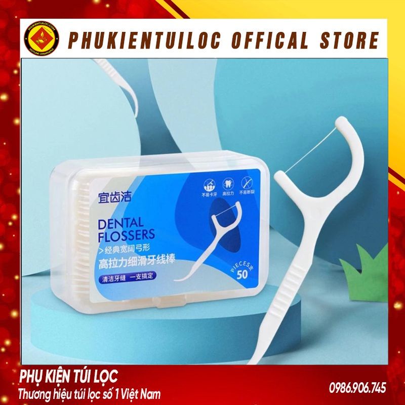 Tăm chỉ nha khoa DENTAL FLOSSERS hộp 50 chiếc tiệt trùng sợi chỉ mảnh- Phukientuiloc