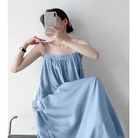 Đầm maxi hai dây đi biển bo chun ngực dáng rộng chất đũi bầu bí dạo phố chanh sả