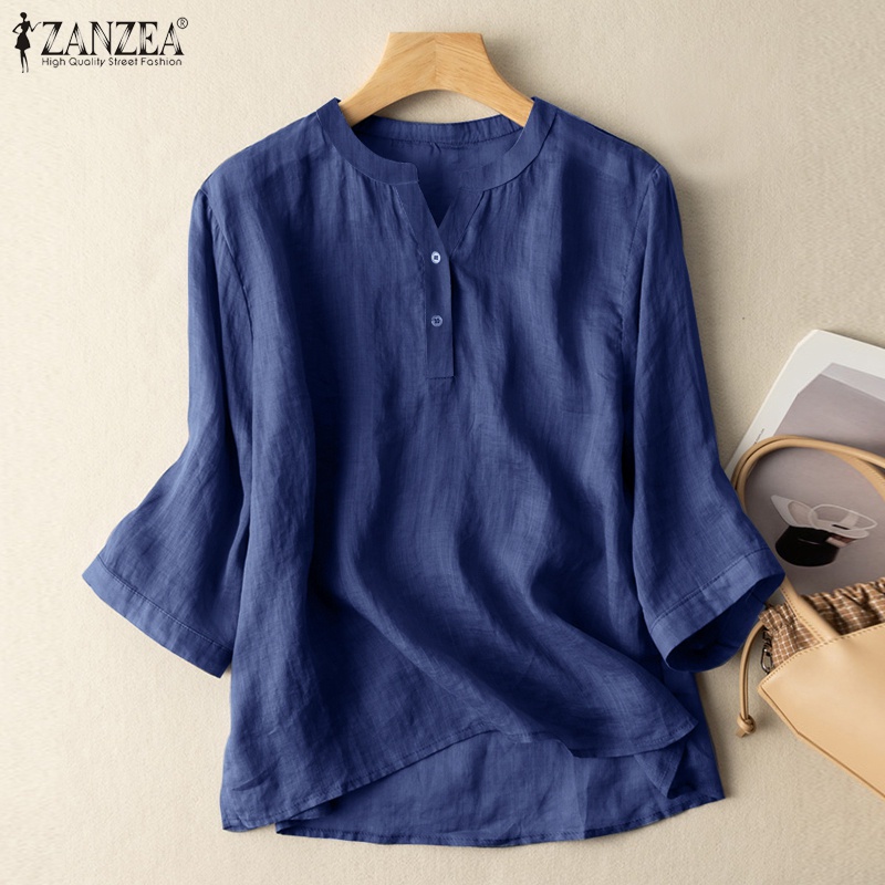 Zanzea Áo Sơ Mi Cotton Cổ Chữ V Màu Trơn Dáng Rộng Thời Trang Cho Nữ