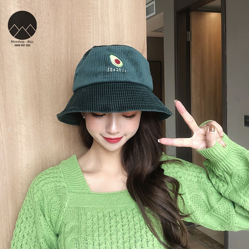 Mũ, nón bucket Ulzzang thêu hình quả bơ phủ nhung gân dày dặn cao cấp