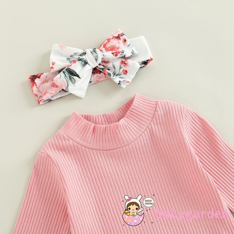 Bộ Áo Liền Quần Tay Dài Ống Loe Kèm Băng Đô In Hoa Thời Trang Cho Bé Gái 0-18 Tháng Tuổi