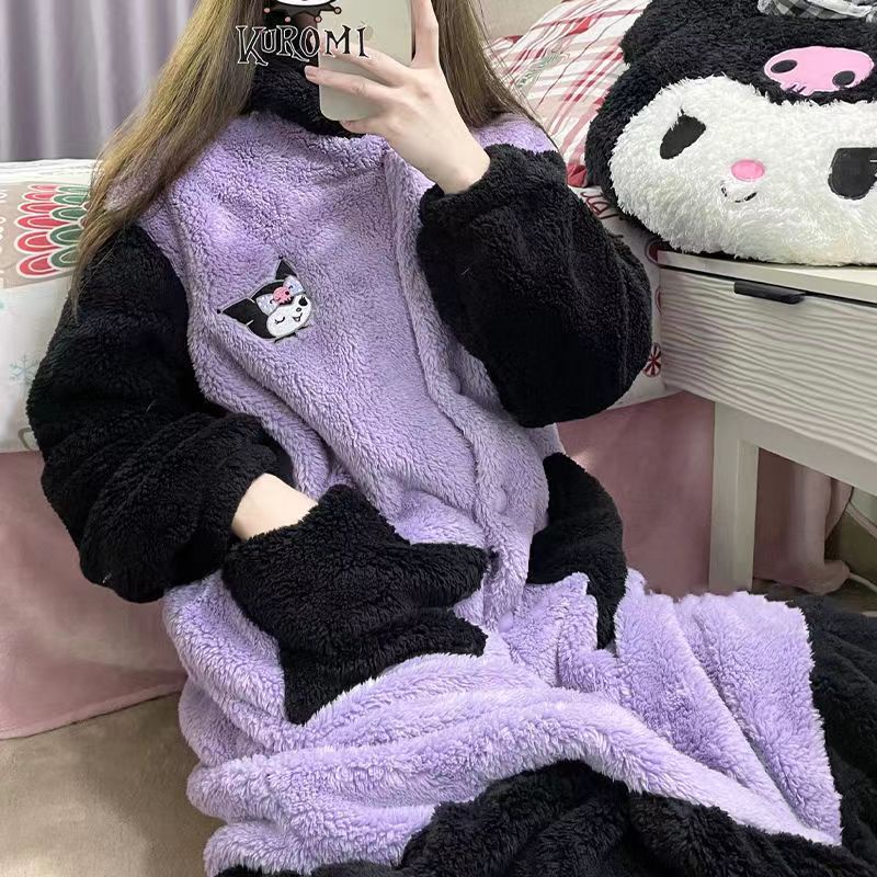 ❤️❤️ Bộ Đồ Ngủ Lông Cừu San Hô Dày Dặn Ấm Áp In Hình Kuromi Dễ Thương Phong Cách Hàn Quốc Cho Nữ