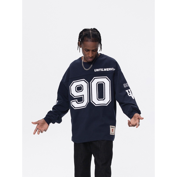 Áo Thun Tay Dài Chui Đầu Dáng Rộng In Số 90 Thời Trang Mùa Xuân Phong Cách Retro Mỹ