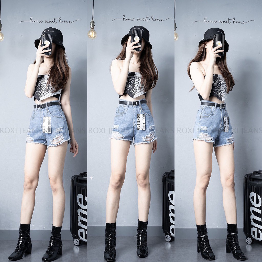 Quần Sooc Jean Nữ Lưng Cao Túi Vuông Rách Ít