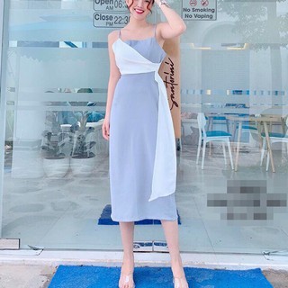 Đầm Suông Tone Xanh 2 Dây Phối Trắng Lệch Eo - Hot Hit Về Nhà Đi Con (
