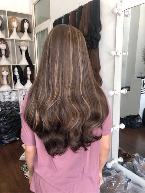 Tóc giả nữ cả đầu 🥰 FREESHIP🥰 Tóc giả nguyên đầu xoăn đuôi socola móc like bạch kim