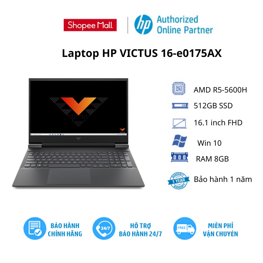 [Mã ELHP3TR giảm 12% đơn 500K] Laptop HP VICTUS 16-e0175AX/ Đen/ AMD R5-5600H / RAM 8GB/ 512GB SSD/ RTX 3050 Ti 4GB